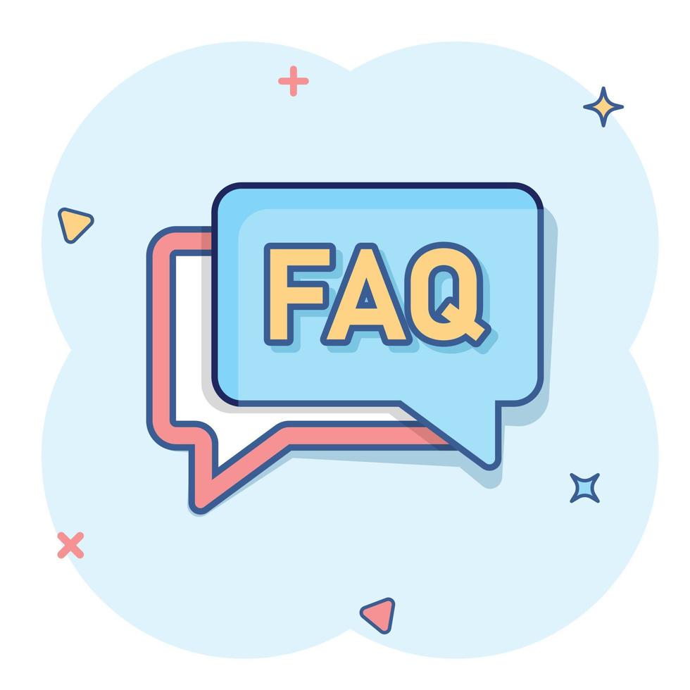 Faq speech bubble icon in comic style. Question cartoon vector illustration on white isolated background. Communication splash effect sign business concept.