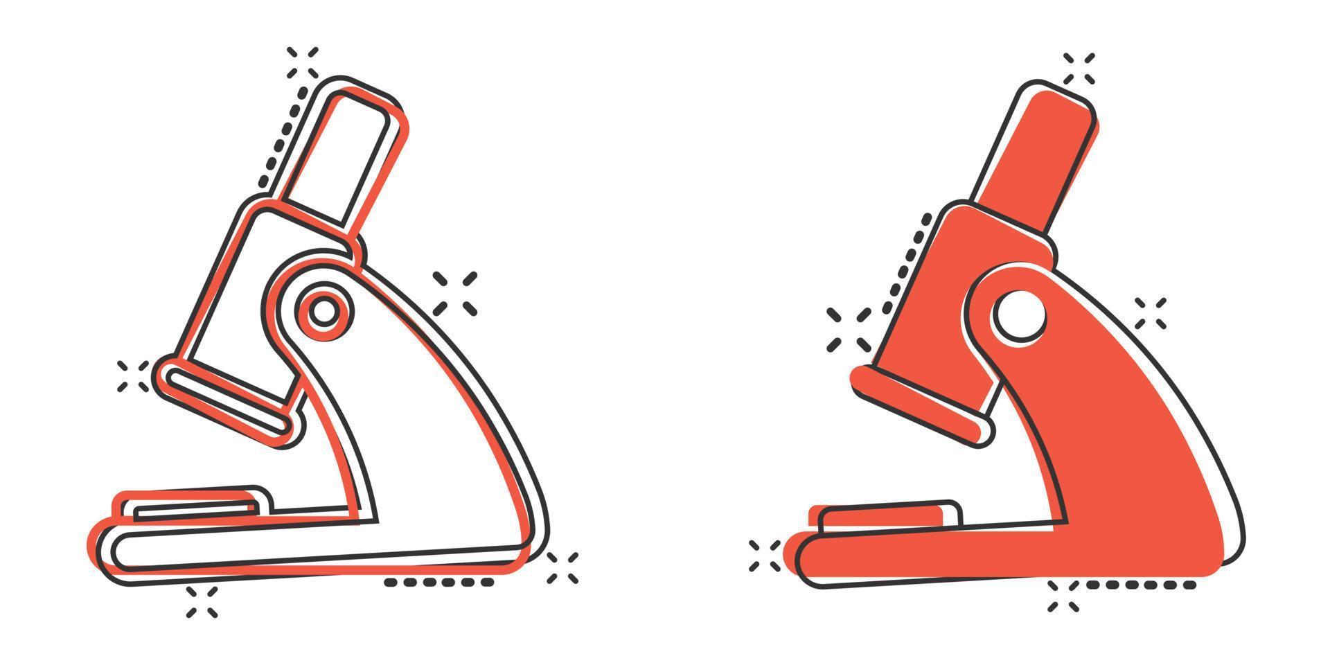 Microscope icon in comic style. Laboratory magnifier cartoon vector illustration on isolated background. Biology instrument splash effect sign business concept.