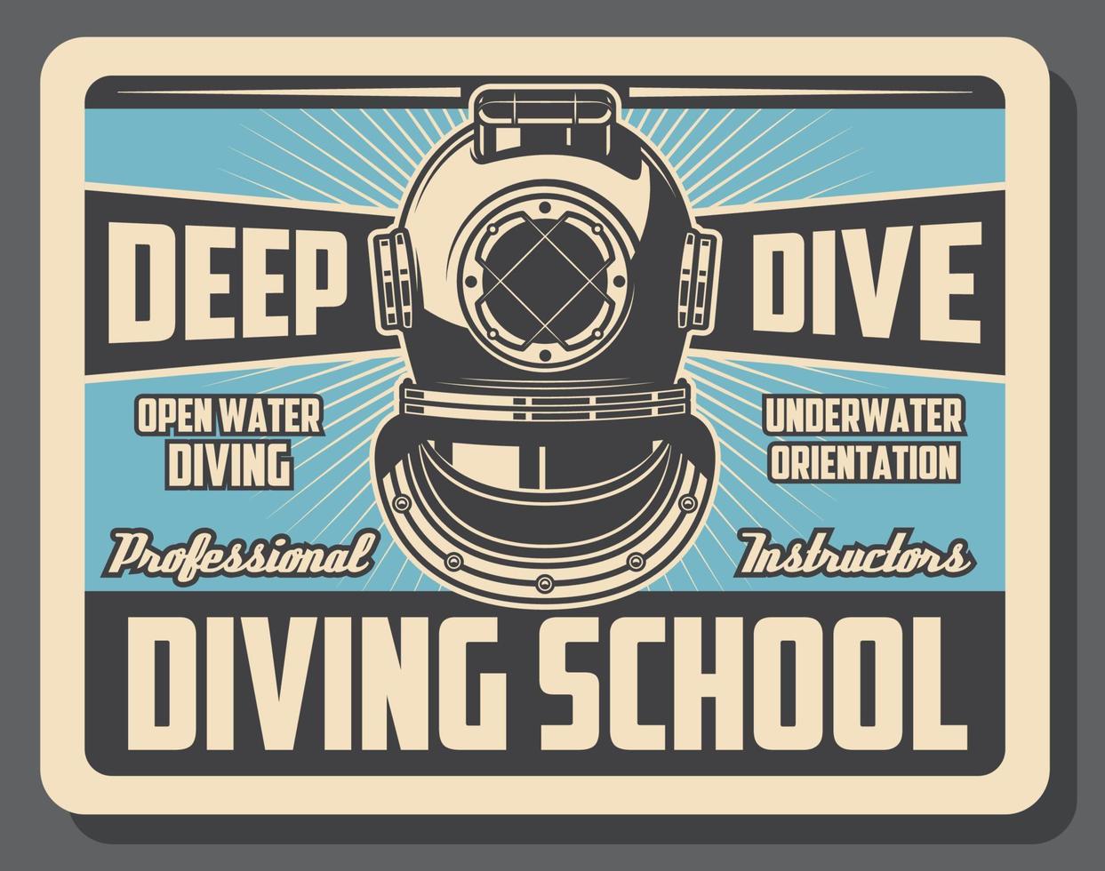 cartel retro del entrenamiento de la escuela del deporte del buceo en el mar vector