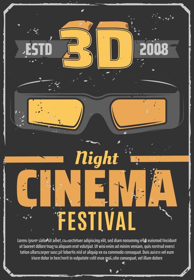 cartel retro del festival de la noche de la película del cine 3d vector