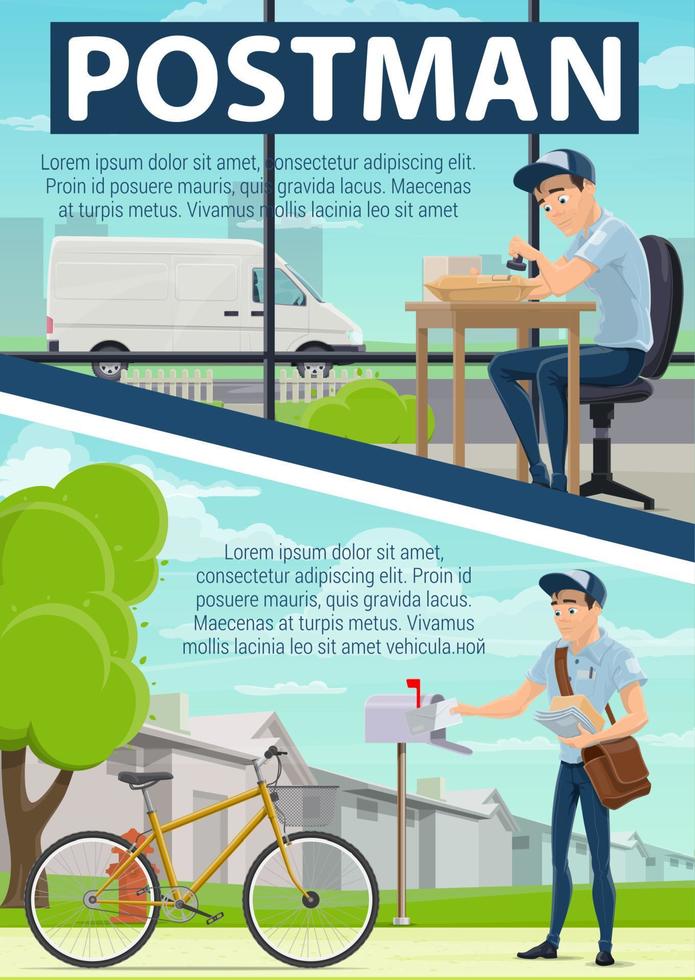 Postman poster with post office and mail delivery vector