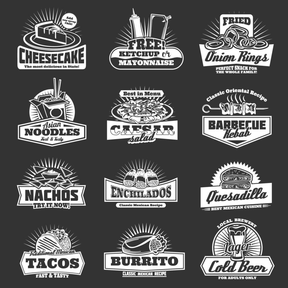 Restaurant of fast food snacks monochrome icons vector