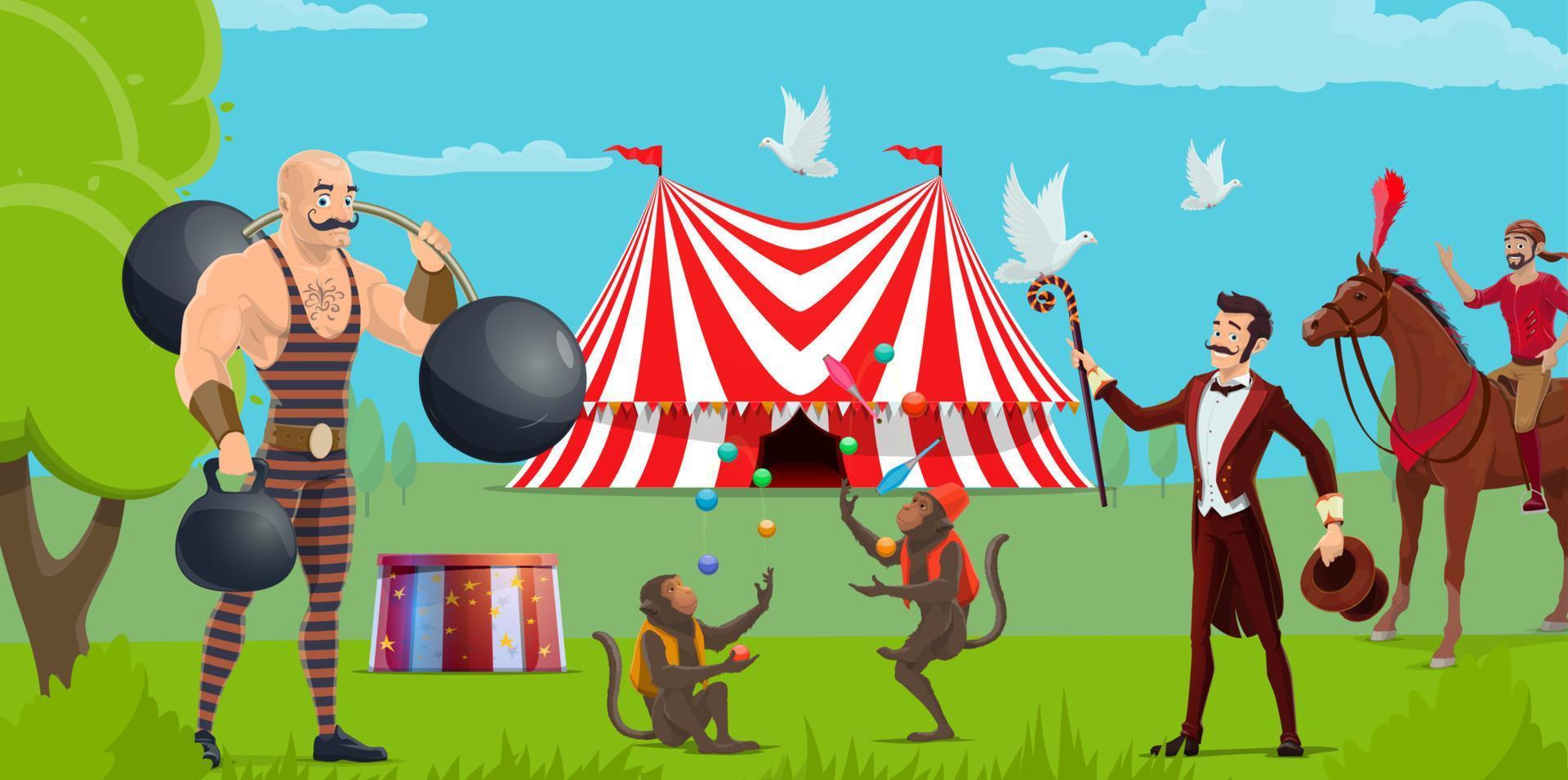 Funfair, circus show and tent, performers vector