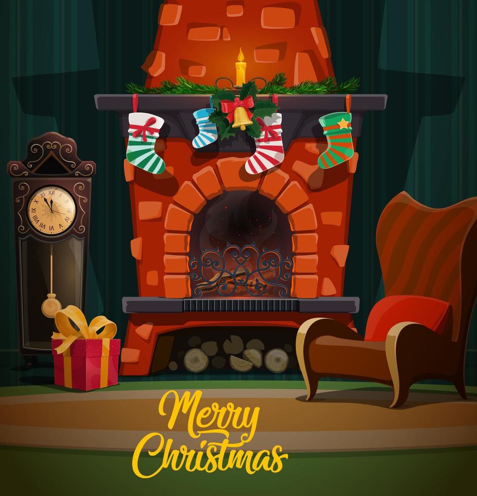 chimenea de navidad con regalos de navidad y medias vector