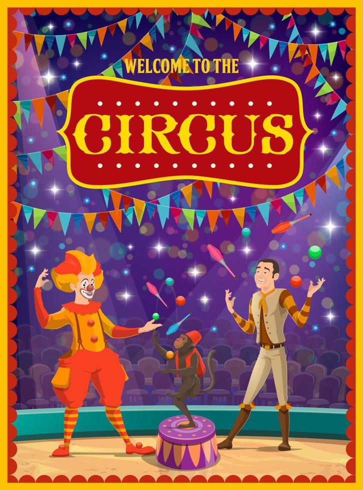 Circus show, clown and juggler, trained monkey vector