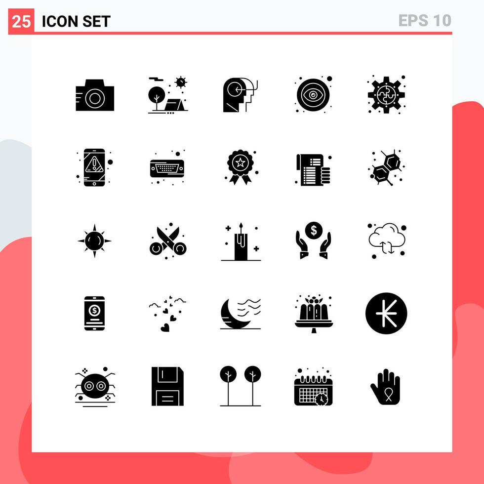 paquete de 25 signos y símbolos de glifos sólidos modernos para medios de impresión web, como conectar elementos de diseño de vectores editables de mente abierta de sol público