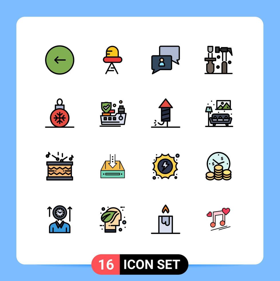 grupo de 16 líneas modernas llenas de color plano establecidas para herramientas navideñas construcción de destornilladores elementos de diseño de vectores creativos editables