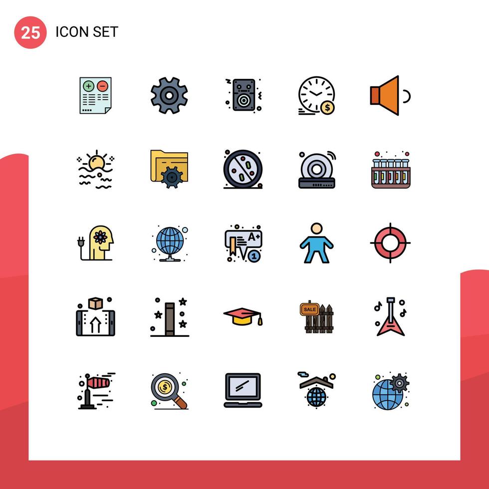 25 User Interface Filled line Flat Color Pack of modern Signs and Symbols of currency dollar wheel money player Editable Vector Design Elements