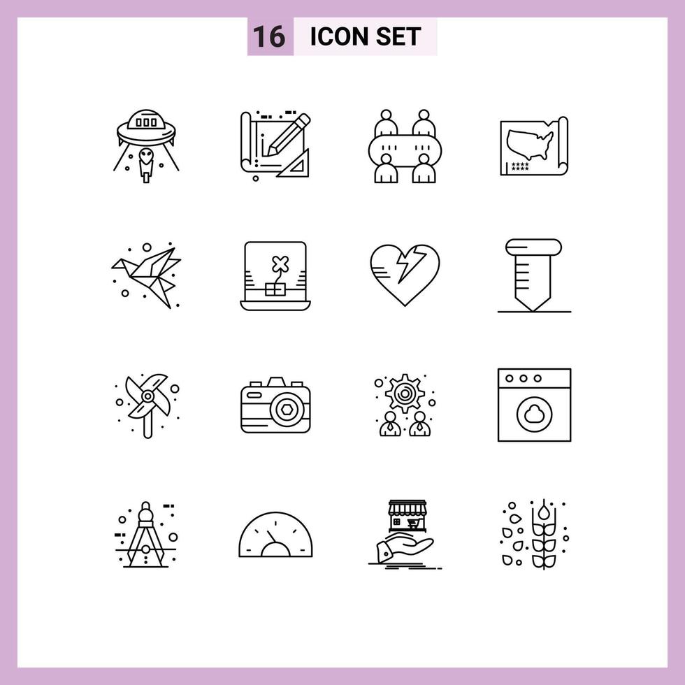 Group of 16 Outlines Signs and Symbols for bird usa construction united map Editable Vector Design Elements