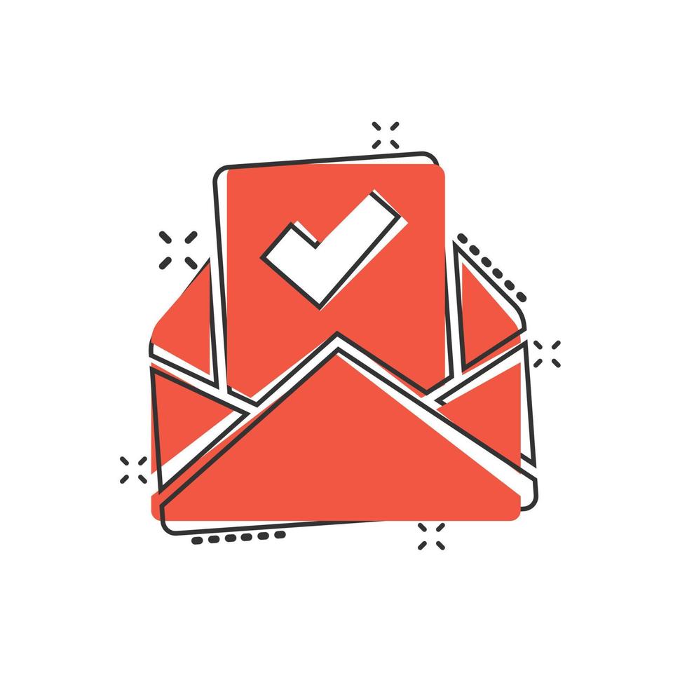 Envelope with confirmed document icon in comic style. Verify cartoon vector illustration on white isolated background. Receive splash effect business concept.