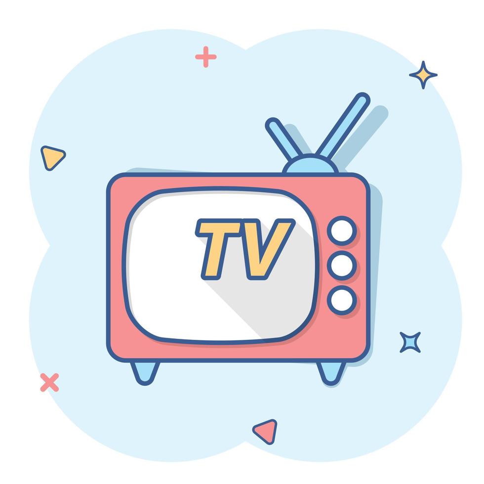 Vector cartoon Tv icon in comic style. Television sign illustration pictogram. Tv business splash effect concept.