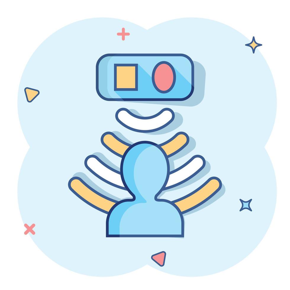 Motion sensor icon in comic style. Sensor waves with man vector cartoon illustration pictogram