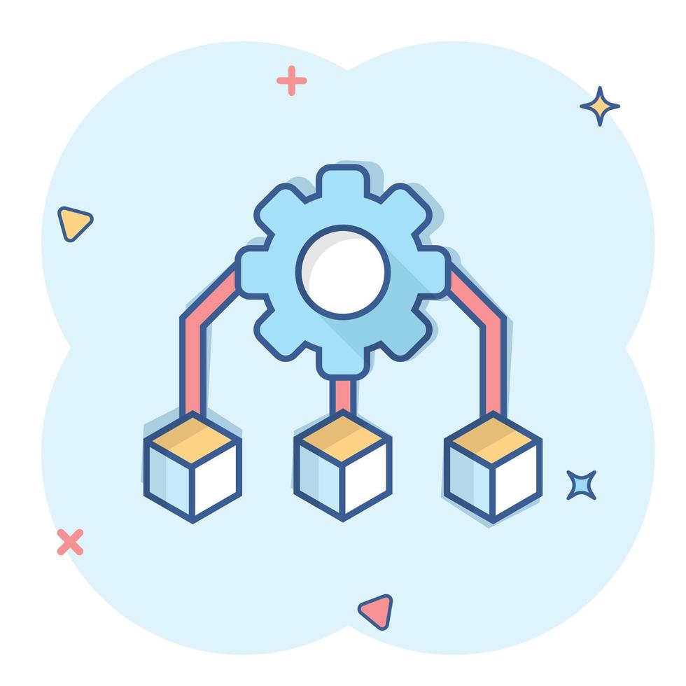 ícono de tecnología api en estilo cómico. ilustración de vector de dibujos animados de algoritmo sobre fondo blanco aislado. engranaje con concepto de negocio de efecto de salpicadura de flecha.