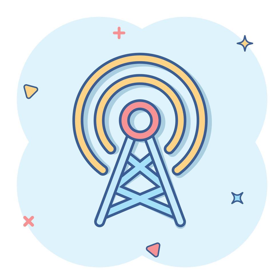 icono de torre de antena en estilo cómico. Ilustración de vector de dibujos animados de difusión sobre fondo blanco aislado. concepto de negocio de efecto de salpicadura wifi.