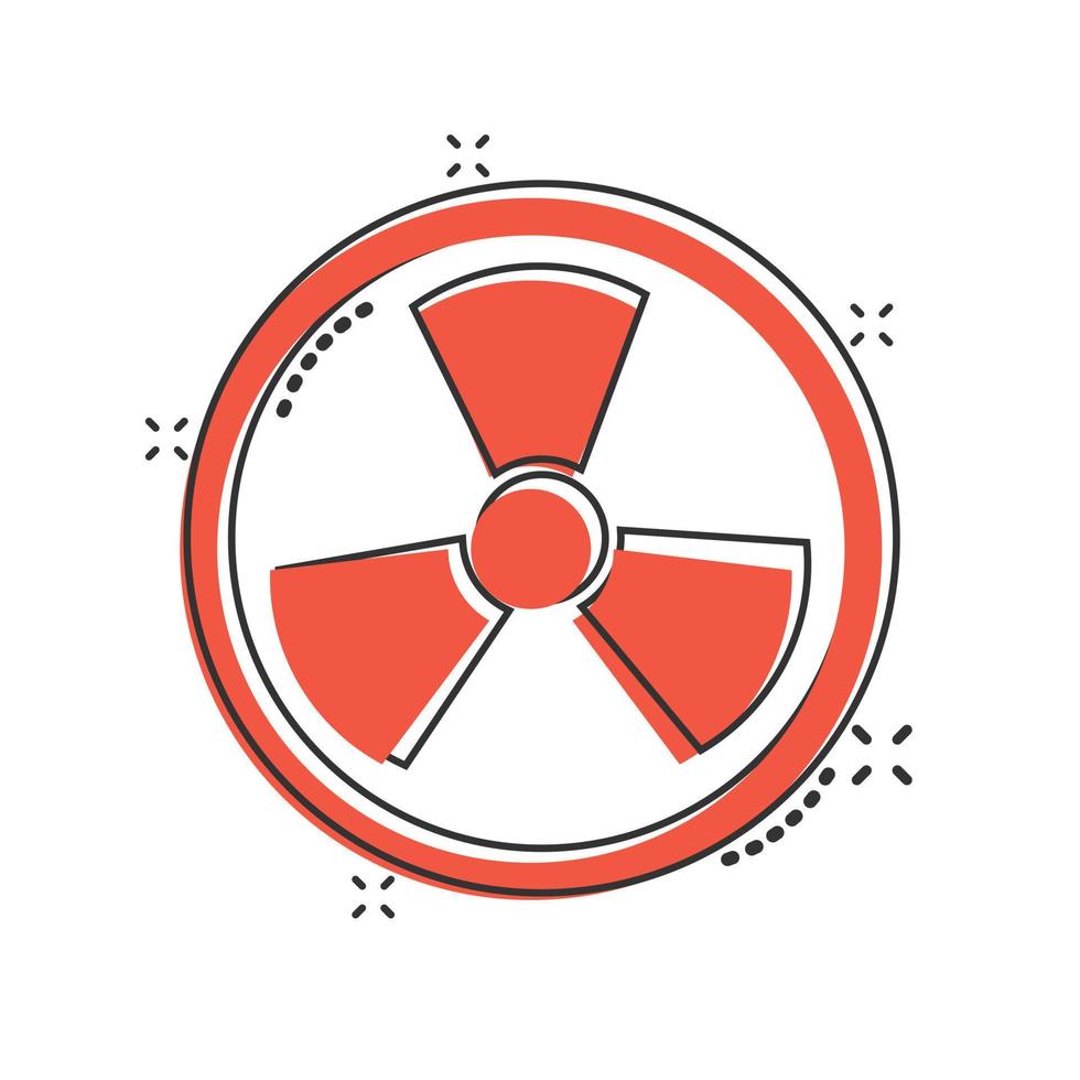 icono de radiación nuclear en estilo cómico. ilustración de vector de dibujos animados de radiactividad sobre fondo blanco aislado. concepto de negocio de signo de efecto de salpicadura tóxica.