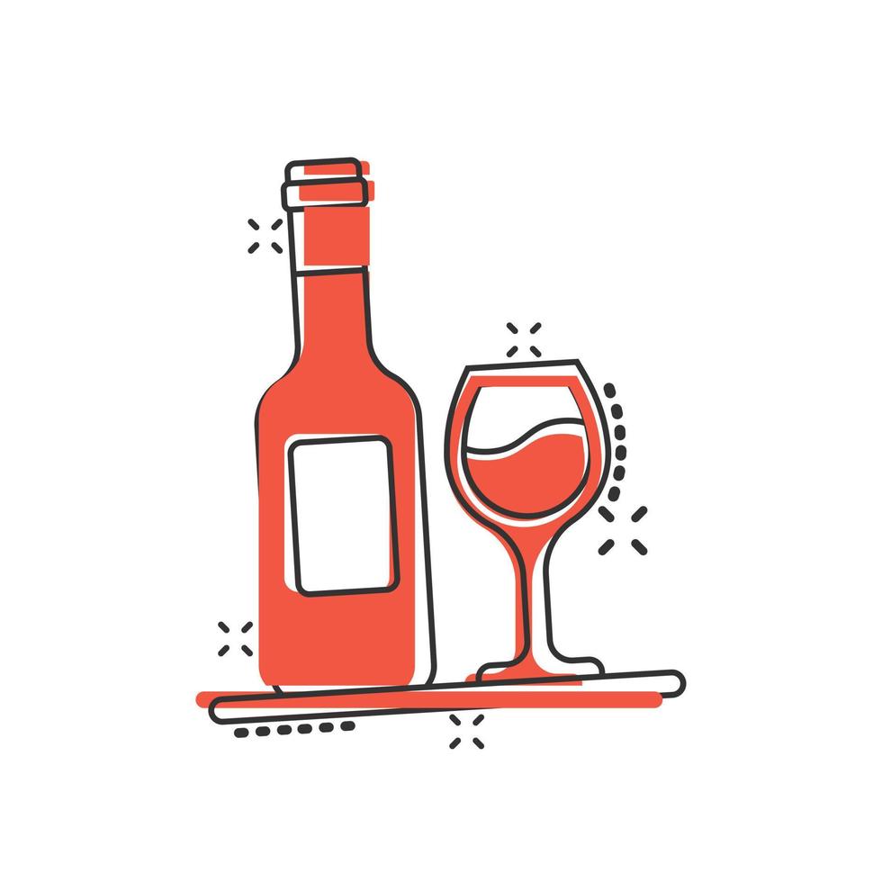 Wine glass and bottle icon in comic style. Champagne beverage cartoon vector illustration on isolated background. Cocktail drink splash effect sign business concept.