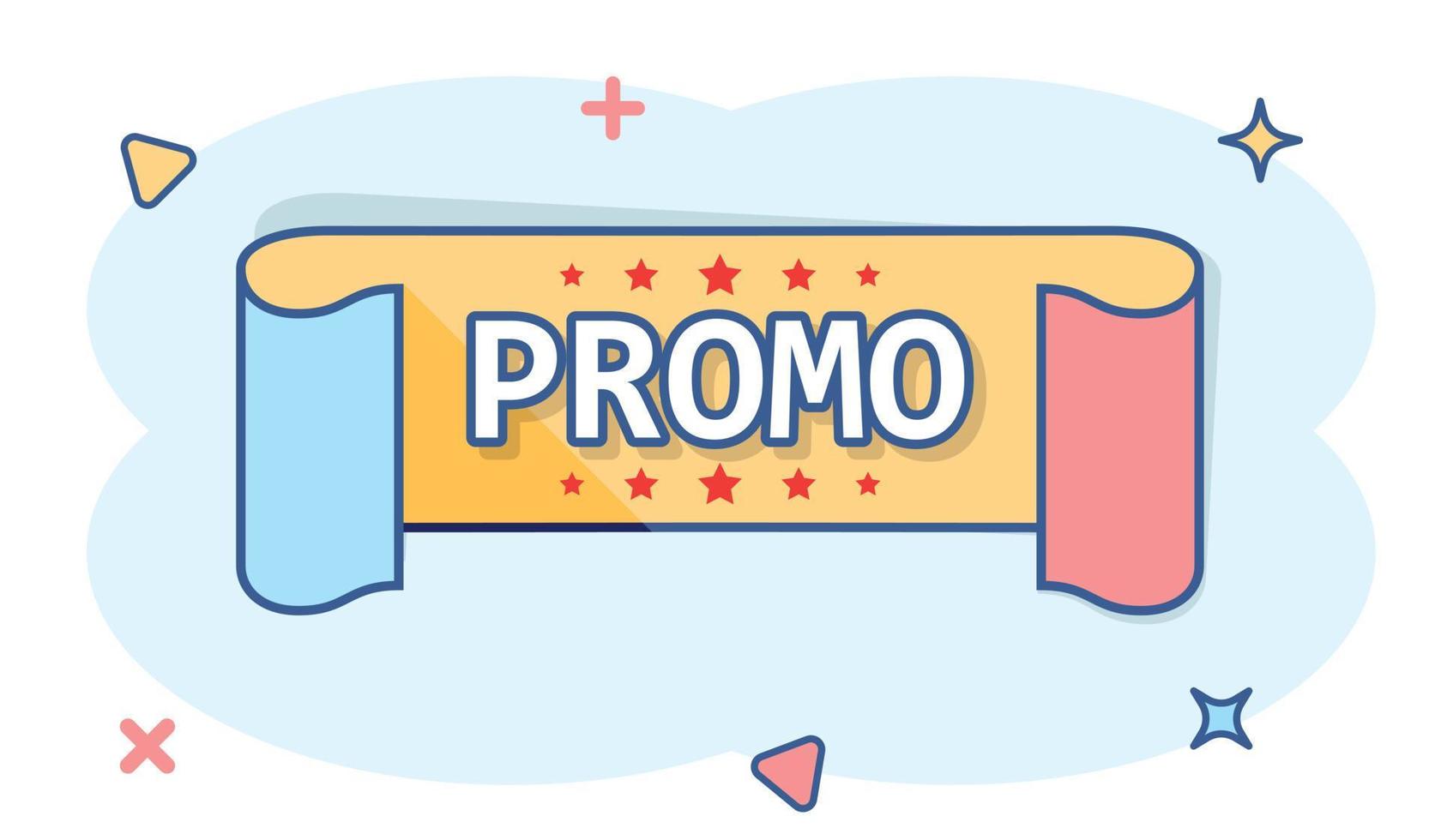 Vector cartoon promo ribbon icon in comic style. Discount sticker label sign illustration pictogram. Promo business splash effect concept.
