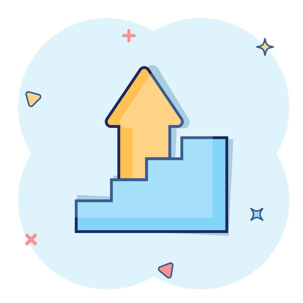 Chart graph icon in comic style. Arrow grow cartoon vector illustration on white isolated background. Analysis splash effect business concept.