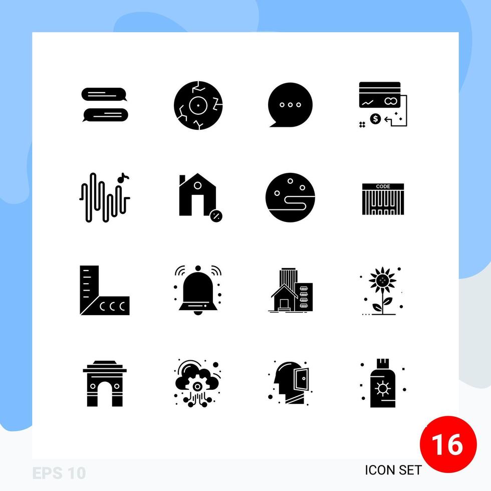 paquete de 16 signos y símbolos de glifos sólidos modernos para medios de impresión web, como elementos de diseño de vectores editables de crédito de marketing de chat de música de onda