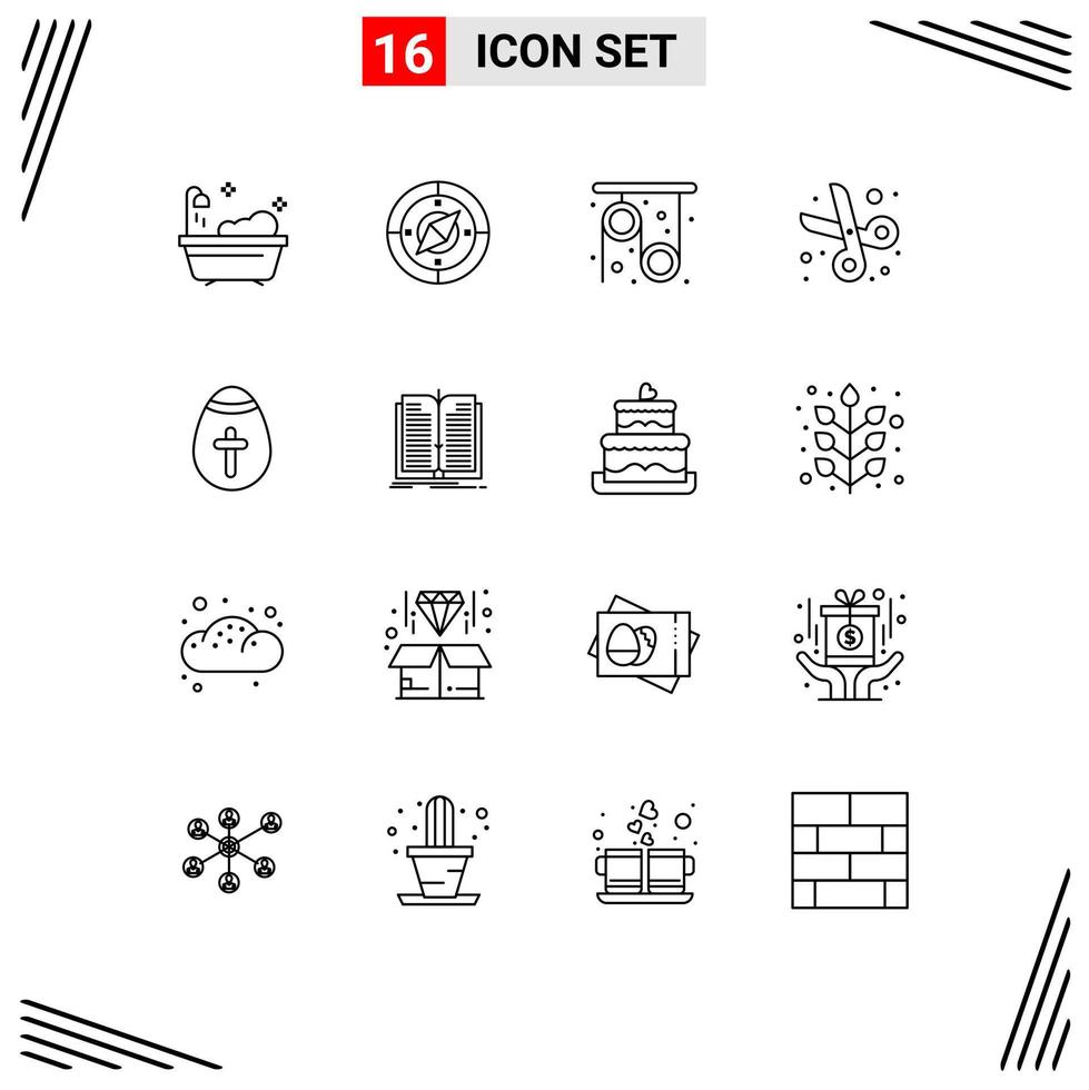 Universal Icon Symbols Group of 16 Modern Outlines of holiday easter egg pulley scissor cut Editable Vector Design Elements