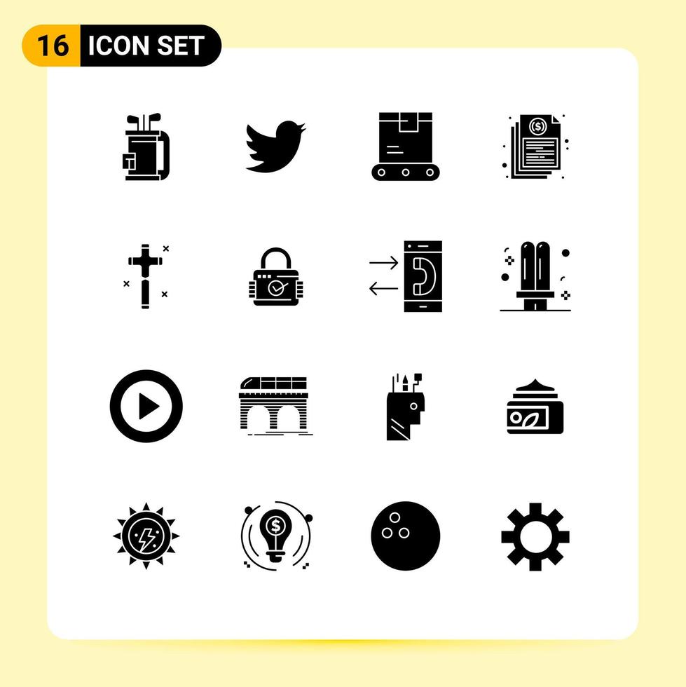paquete de línea de vector editable de 16 glifos sólidos simples de elementos de diseño de vector editables de factura de archivo de entrega financiera de celebración