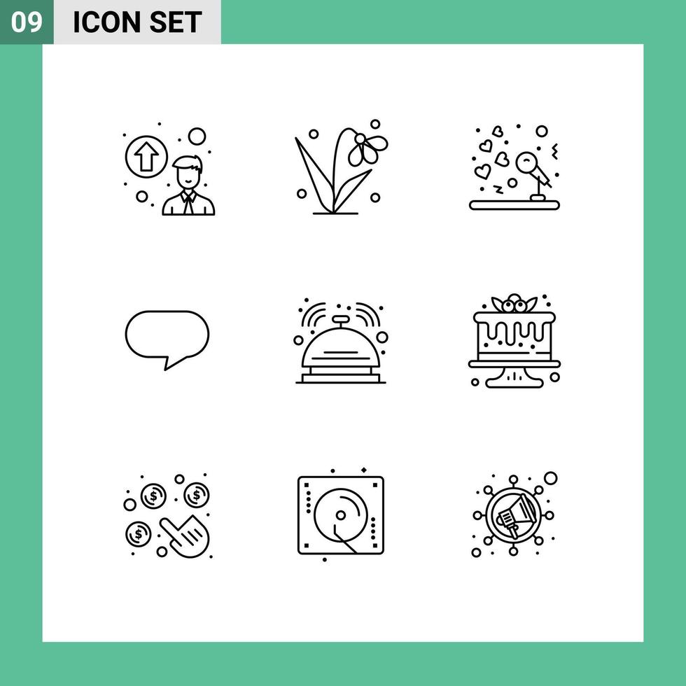 Group of 9 Outlines Signs and Symbols for room butler microphone bell chat Editable Vector Design Elements