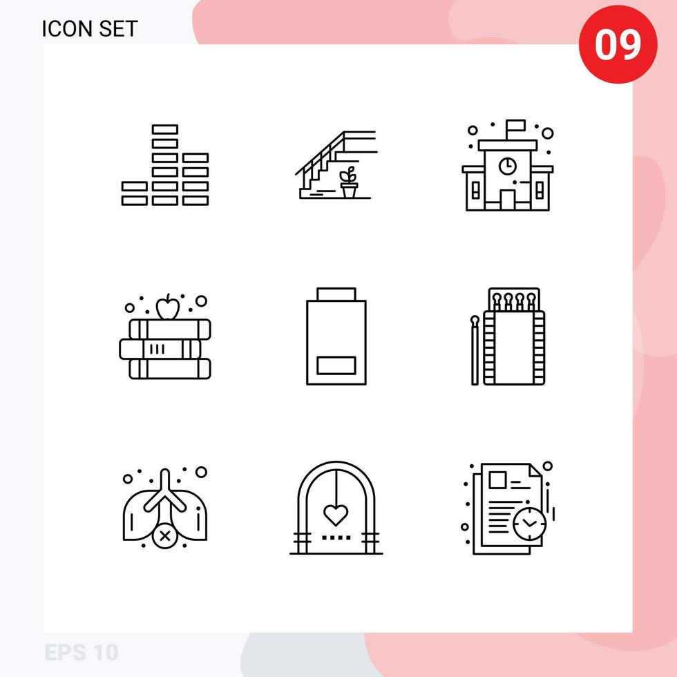 Mobile Interface Outline Set of 9 Pictograms of low battery building apple education Editable Vector Design Elements