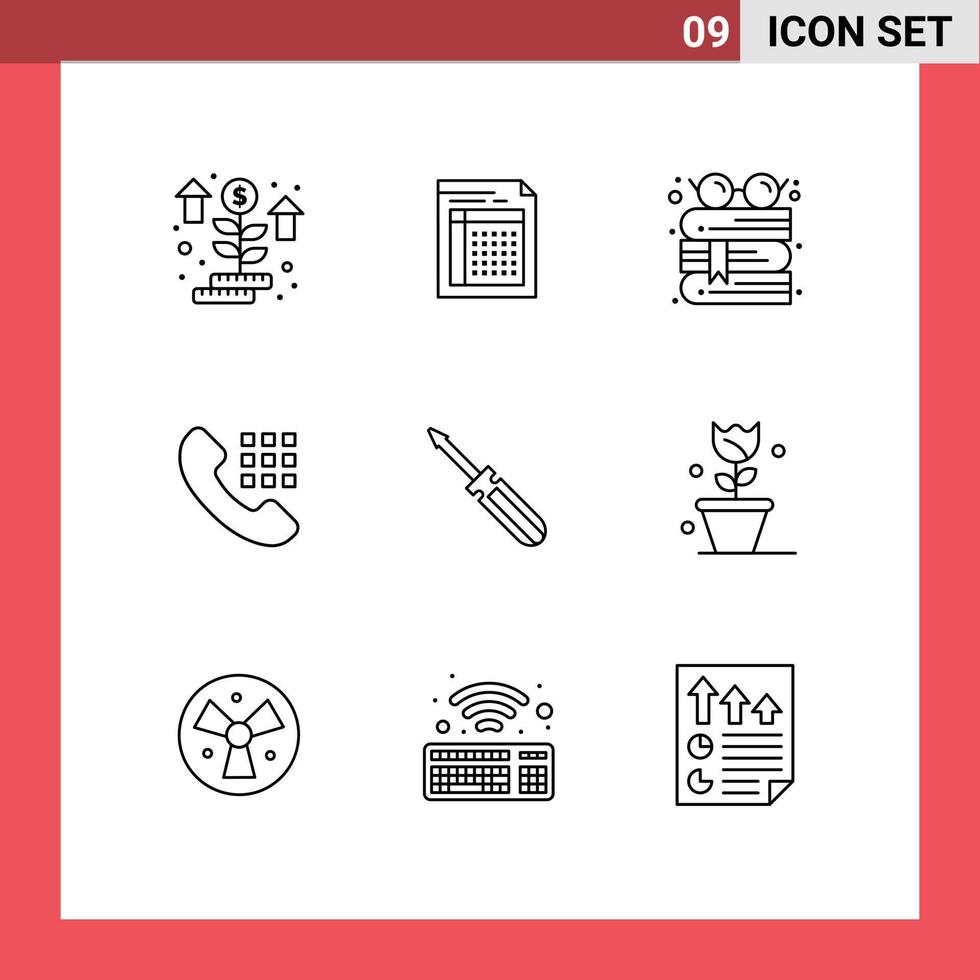 Pack of 9 Modern Outlines Signs and Symbols for Web Print Media such as dial reading form glasses book Editable Vector Design Elements