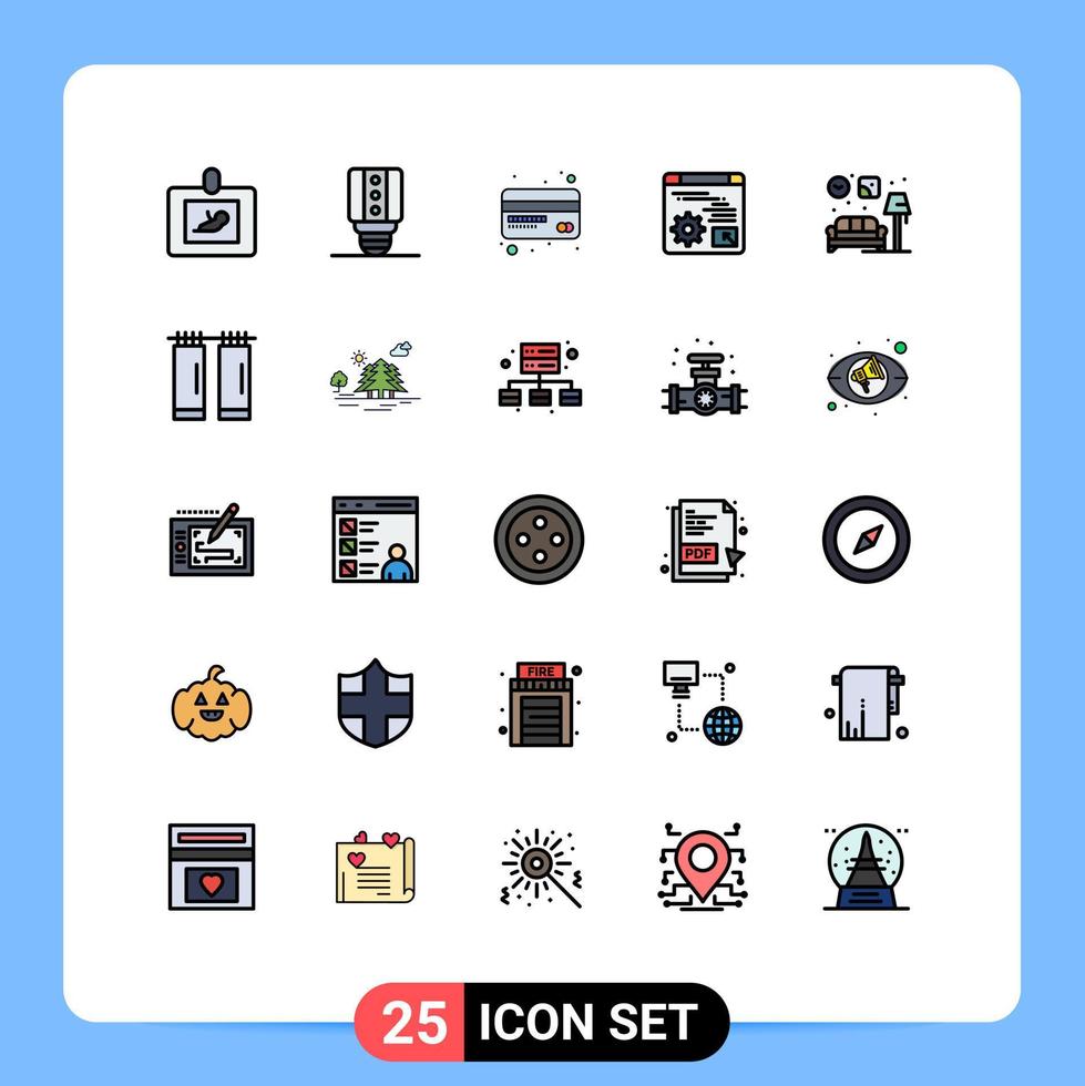 Modern Set of 25 Filled line Flat Colors Pictograph of lump living debit card home gear Editable Vector Design Elements