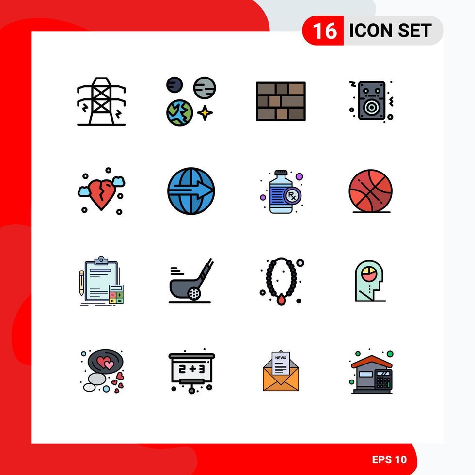 16 User Interface Flat Color Filled Line Pack of modern Signs and Symbols of heart break firewall player songs Editable Creative Vector Design Elements
