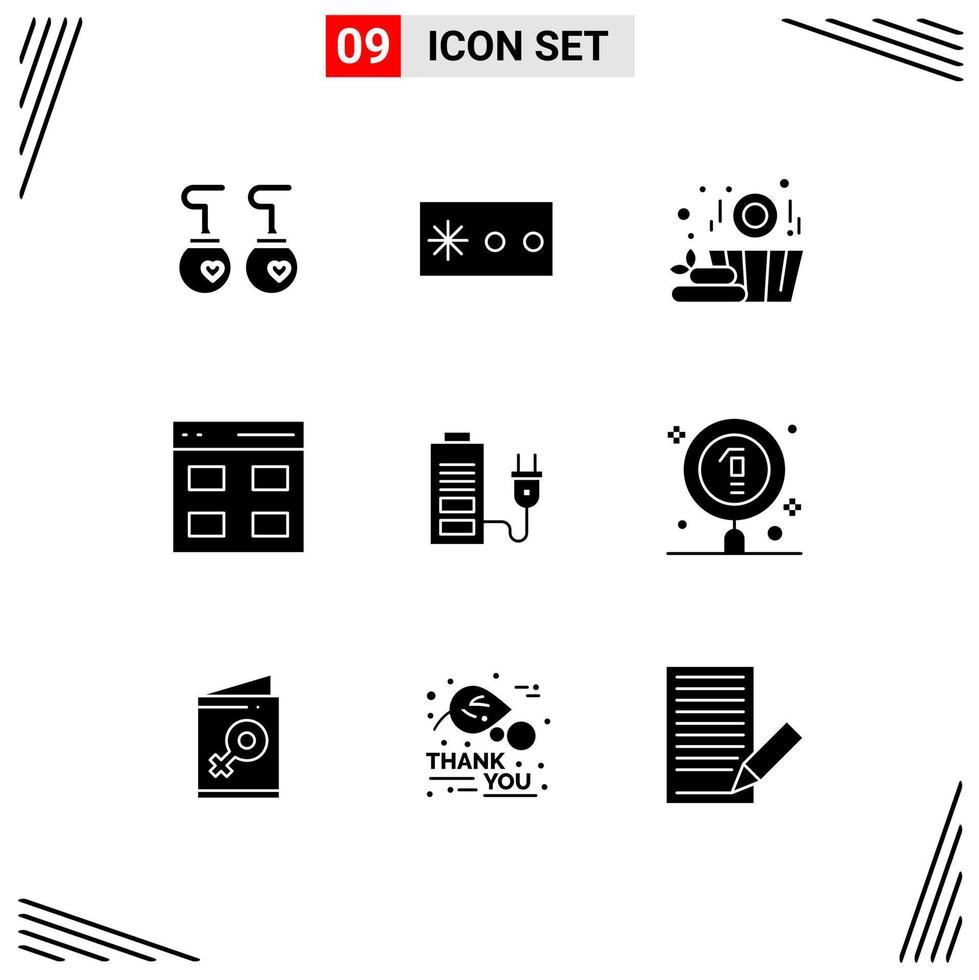 Universal Icon Symbols Group of 9 Modern Solid Glyphs of plug battery wood acumulator interface Editable Vector Design Elements