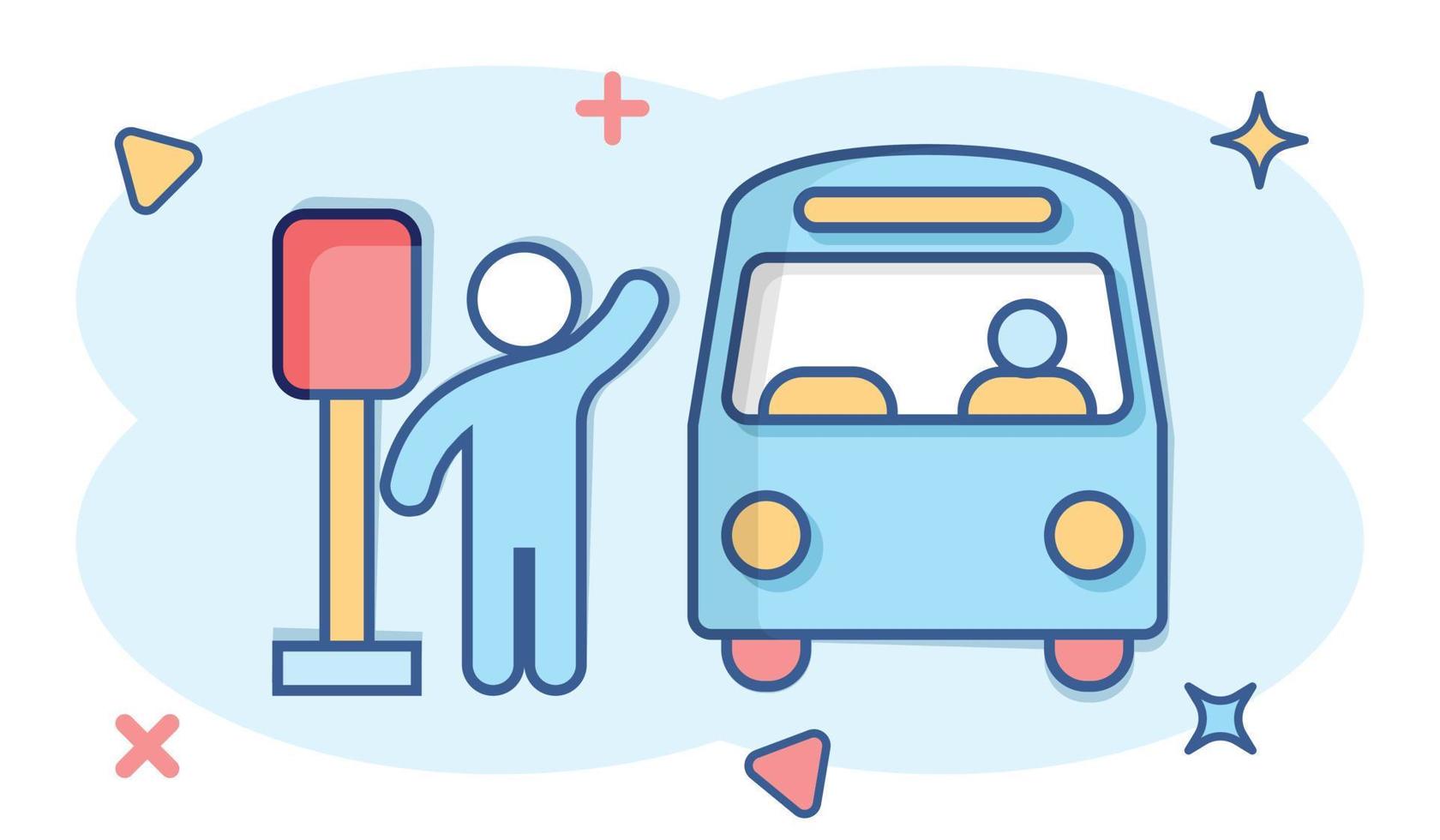 Bus station icon in comic style. Auto stop cartoon vector illustration on white isolated background. Autobus vehicle splash effect business concept.