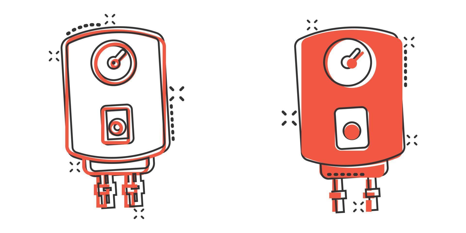 icono de caldera de gas en estilo cómico. ilustración de vector de dibujos animados de calentador sobre fondo aislado. concepto de negocio de signo de efecto de salpicadura de ebullición.