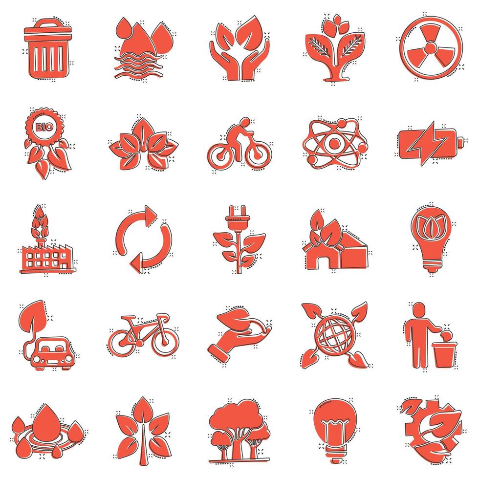 Eco environment icons set in comic style. Ecology cartoon vector illustration on white isolated background. Bio emblem splash effect sign business concept.
