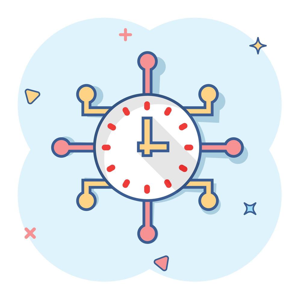 Real time icon in comic style. Clock vector cartoon illustration on white isolated background. Watch business concept splash effect.