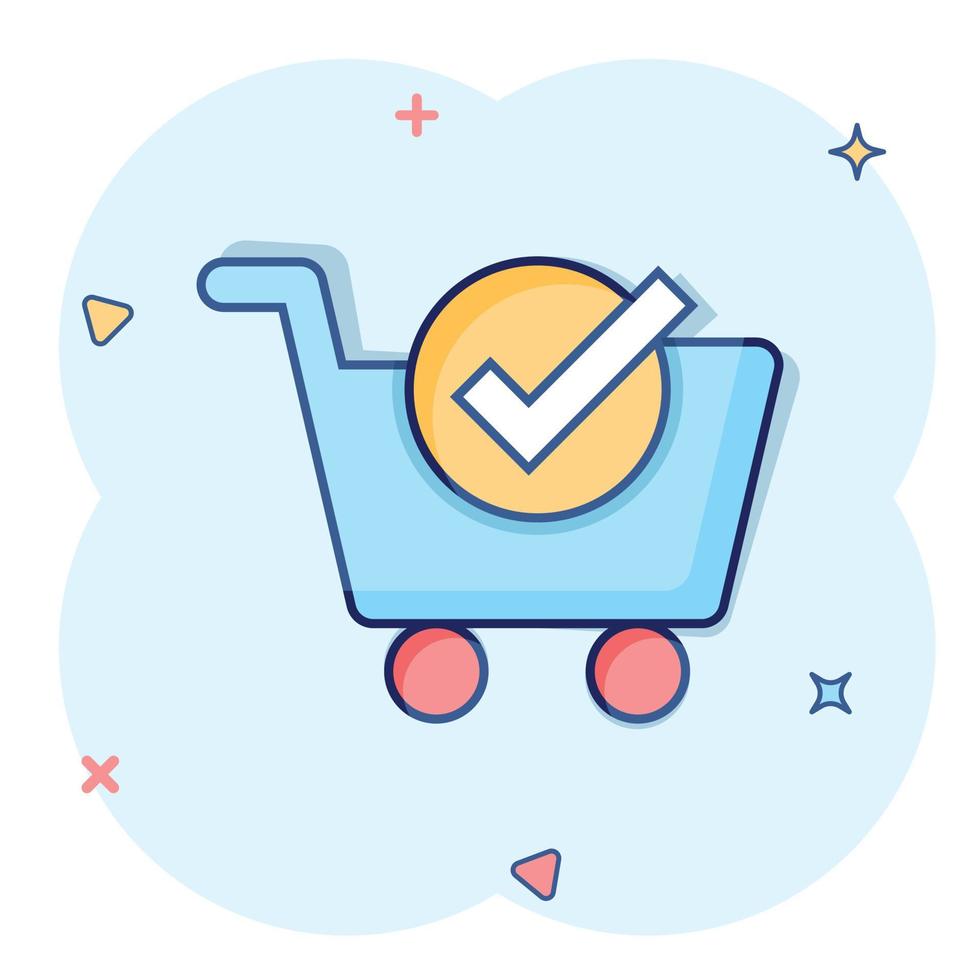 icono de marca de verificación del carrito de compras en estilo cómico. comprar ilustración de vector de dibujos animados de aprobación sobre fondo blanco aislado. confirme el concepto de negocio de efecto de salpicadura.