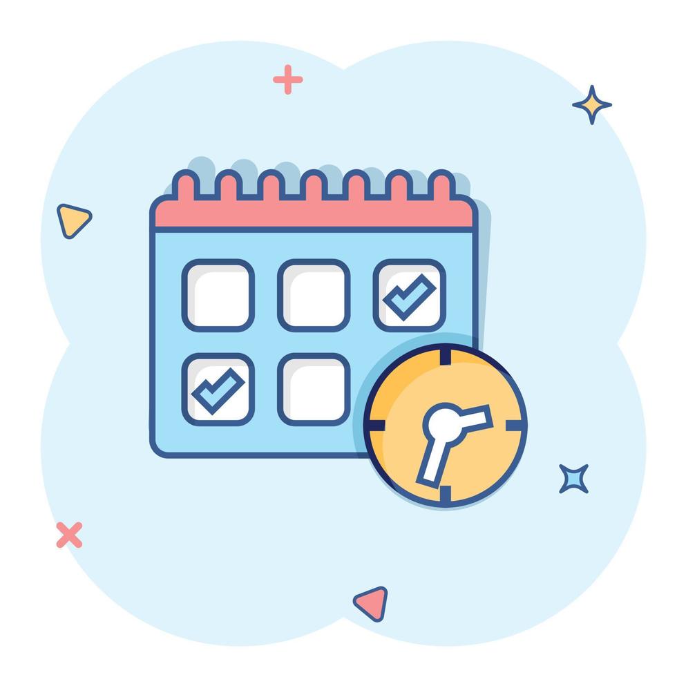 Calendar with clock icon in comic style. Agenda cartoon vector illustration on white isolated background. Schedule time planner splash effect business concept.
