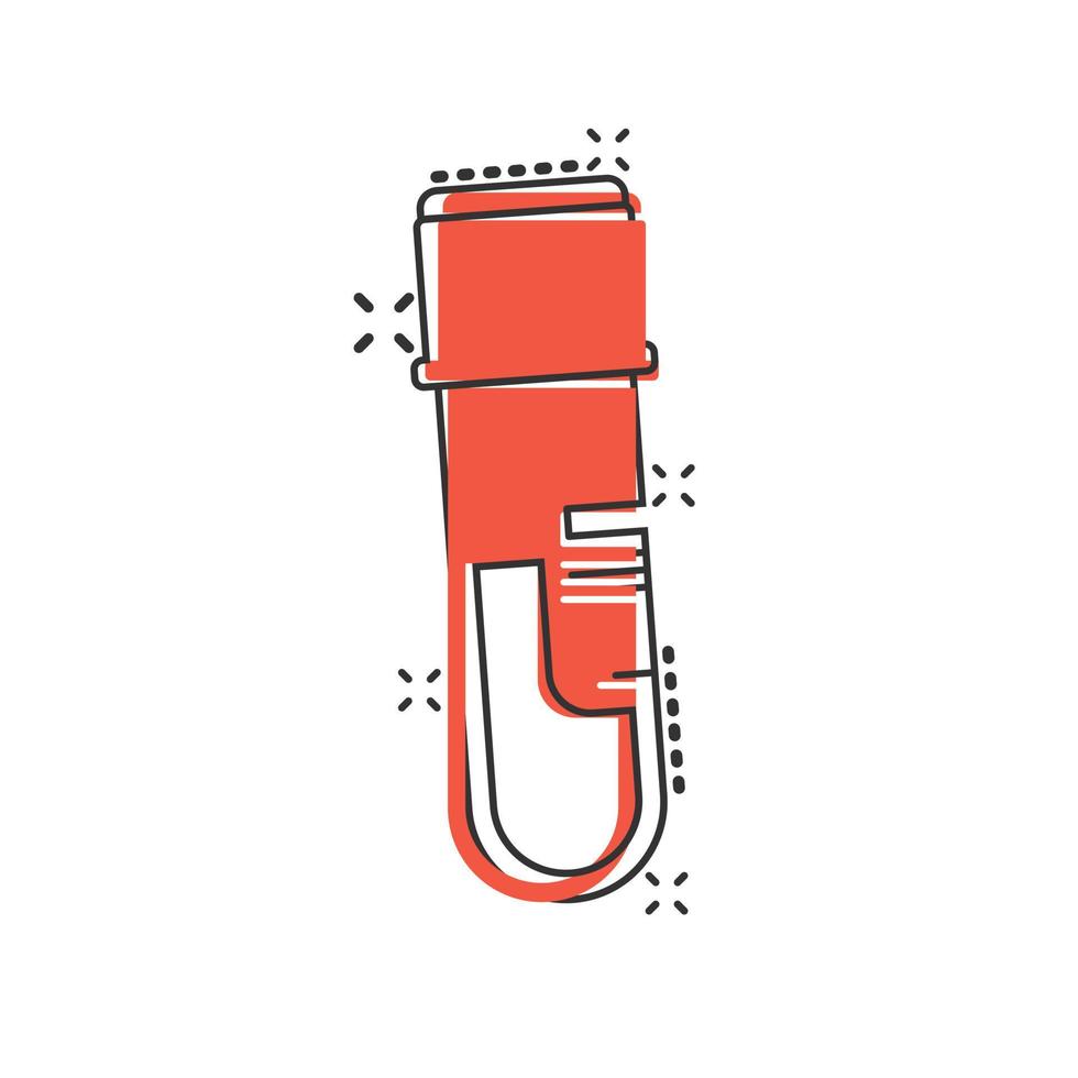 Blood in test tube icon in comic style. Laboratory flask cartoon vector illustration on isolated background. Liquid in beaker splash effect sign business concept.