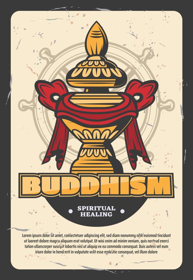 Buddhism Oriental religion poster with gold vessel vector
