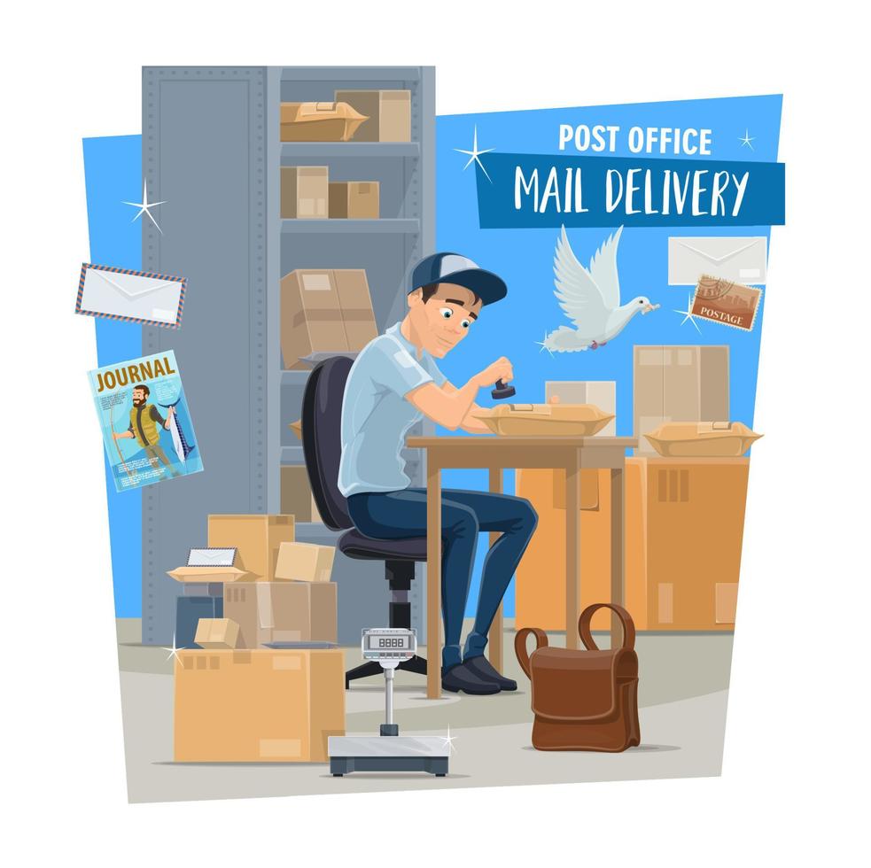 Post office service, postman with mail vector