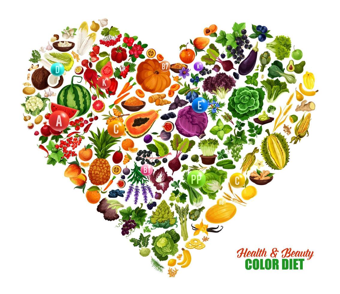 corazón de dieta de color, nutrición de alimentos saludables vector