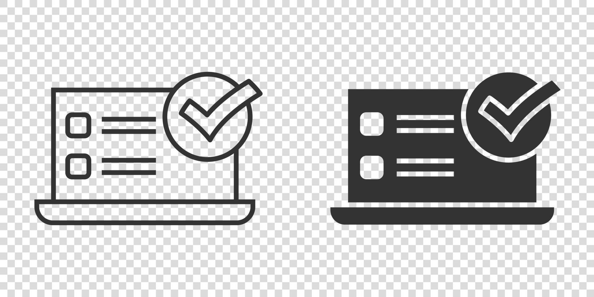 icono de marca de verificación portátil en estilo plano. Ilustración de vector de aprobación de computadora sobre fondo blanco aislado. confirmar el concepto de negocio.