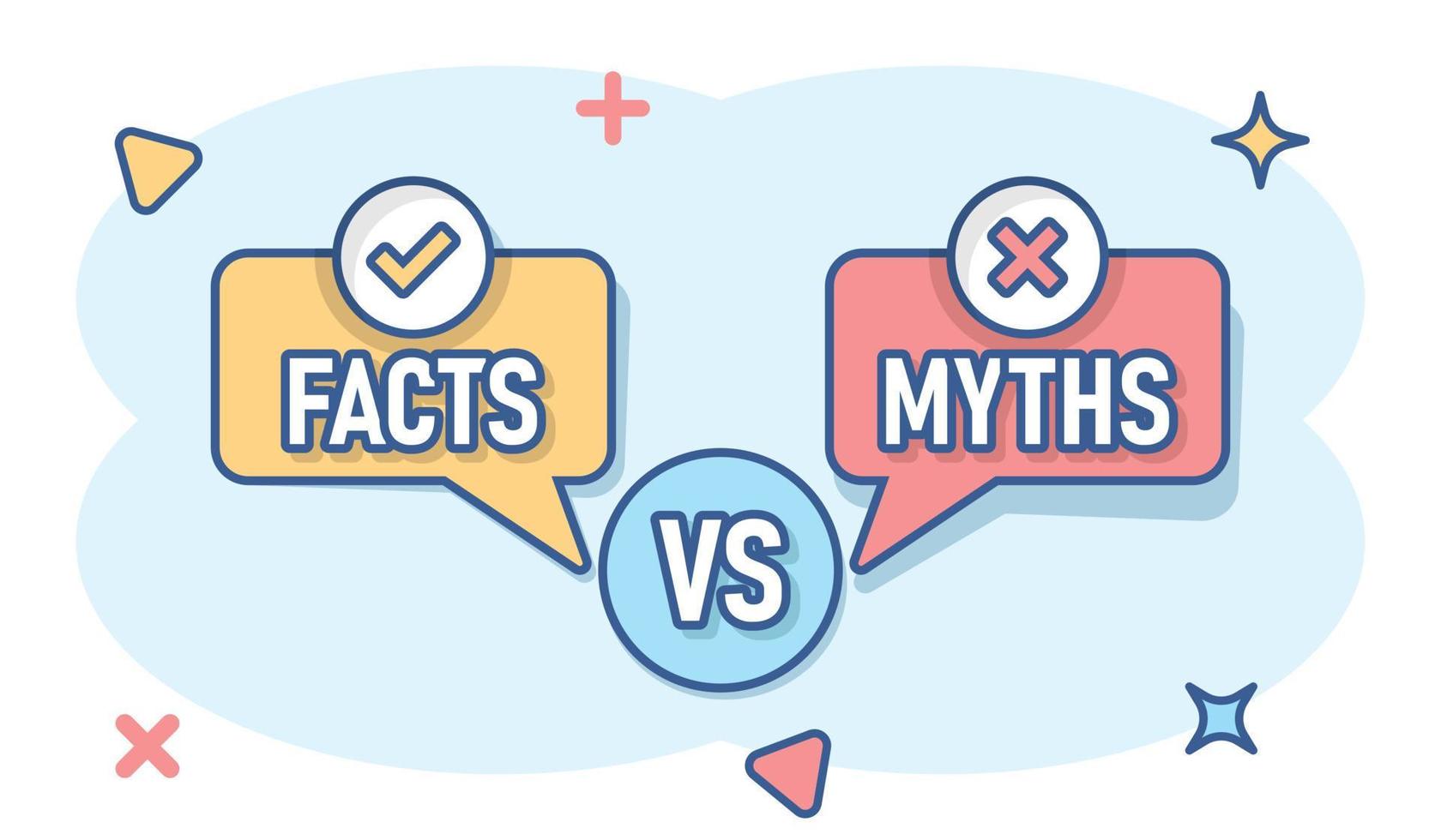 icono de mitos vs hechos en estilo cómico. ilustración de vector de dibujos animados verdadero o falso sobre fondo blanco aislado. efecto de salpicadura de concepto de negocio de signo de comparación.