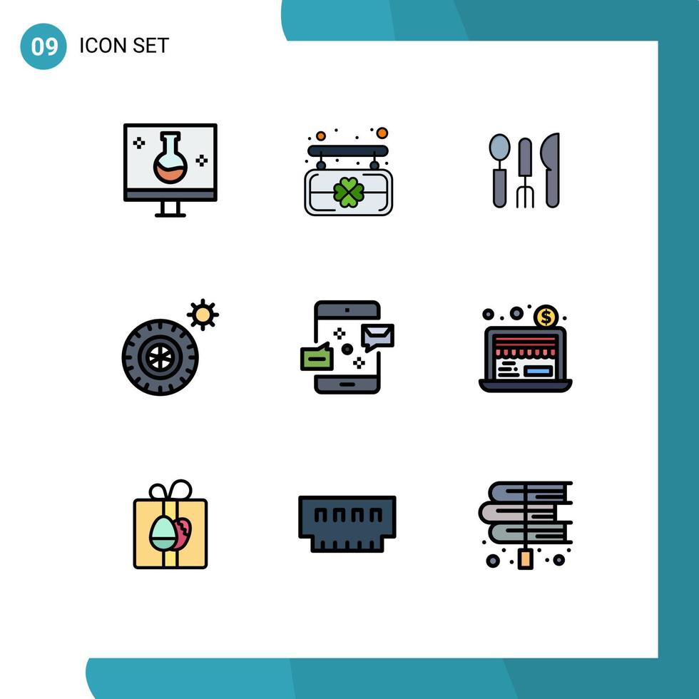 Modern Set of 9 Filledline Flat Colors and symbols such as email communication cutlery wheel summer Editable Vector Design Elements