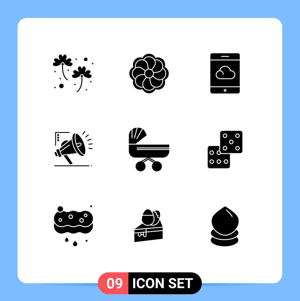 9 User Interface Solid Glyph Pack of modern Signs and Symbols of push baby cloud trolly marketing atoumation Editable Vector Design Elements