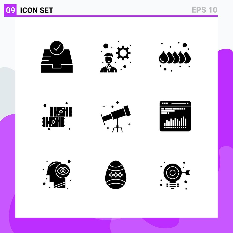 Pack of 9 Modern Solid Glyphs Signs and Symbols for Web Print Media such as analytics telescope water space sweets Editable Vector Design Elements