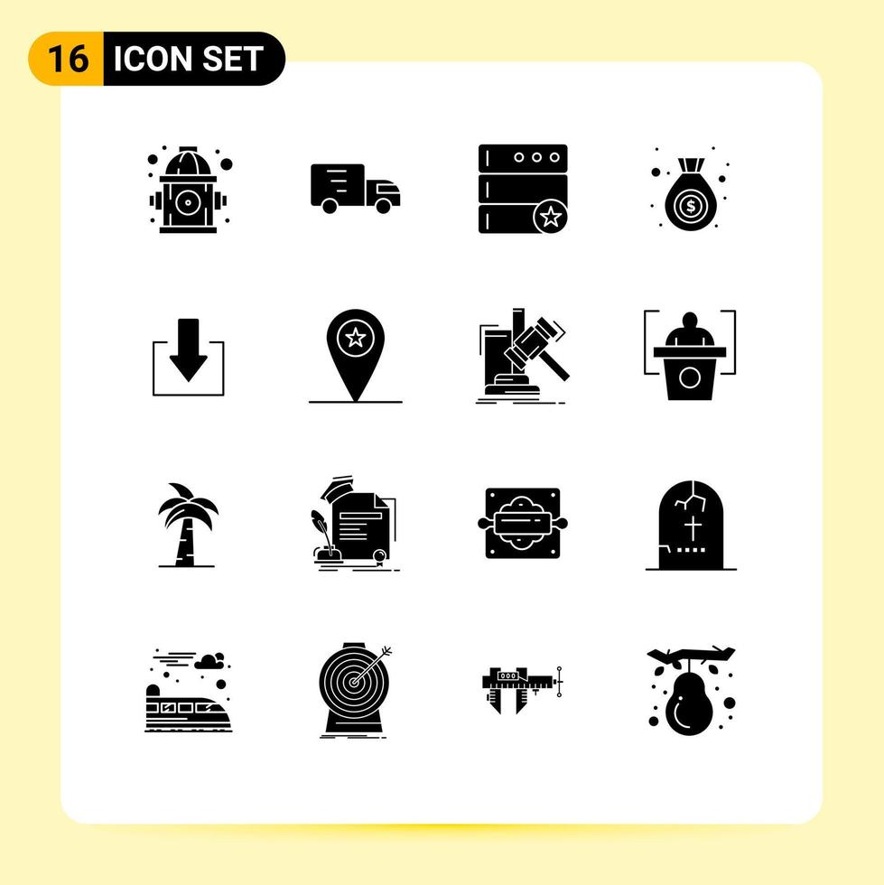 Pack of 16 Modern Solid Glyphs Signs and Symbols for Web Print Media such as military download favorite down money Editable Vector Design Elements