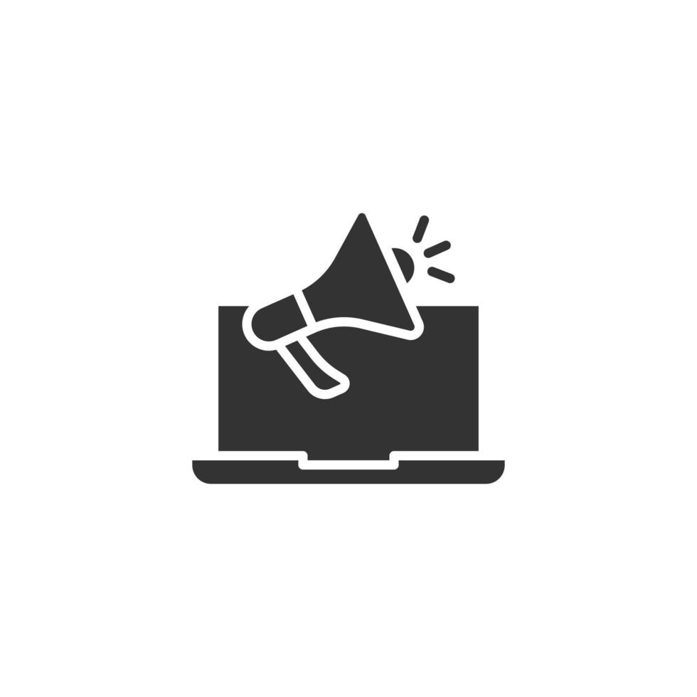 Laptop with megaphone speaker icon in flat style. Notebook bullhorn vector illustration on white isolated background. Computer subscribe business concept.
