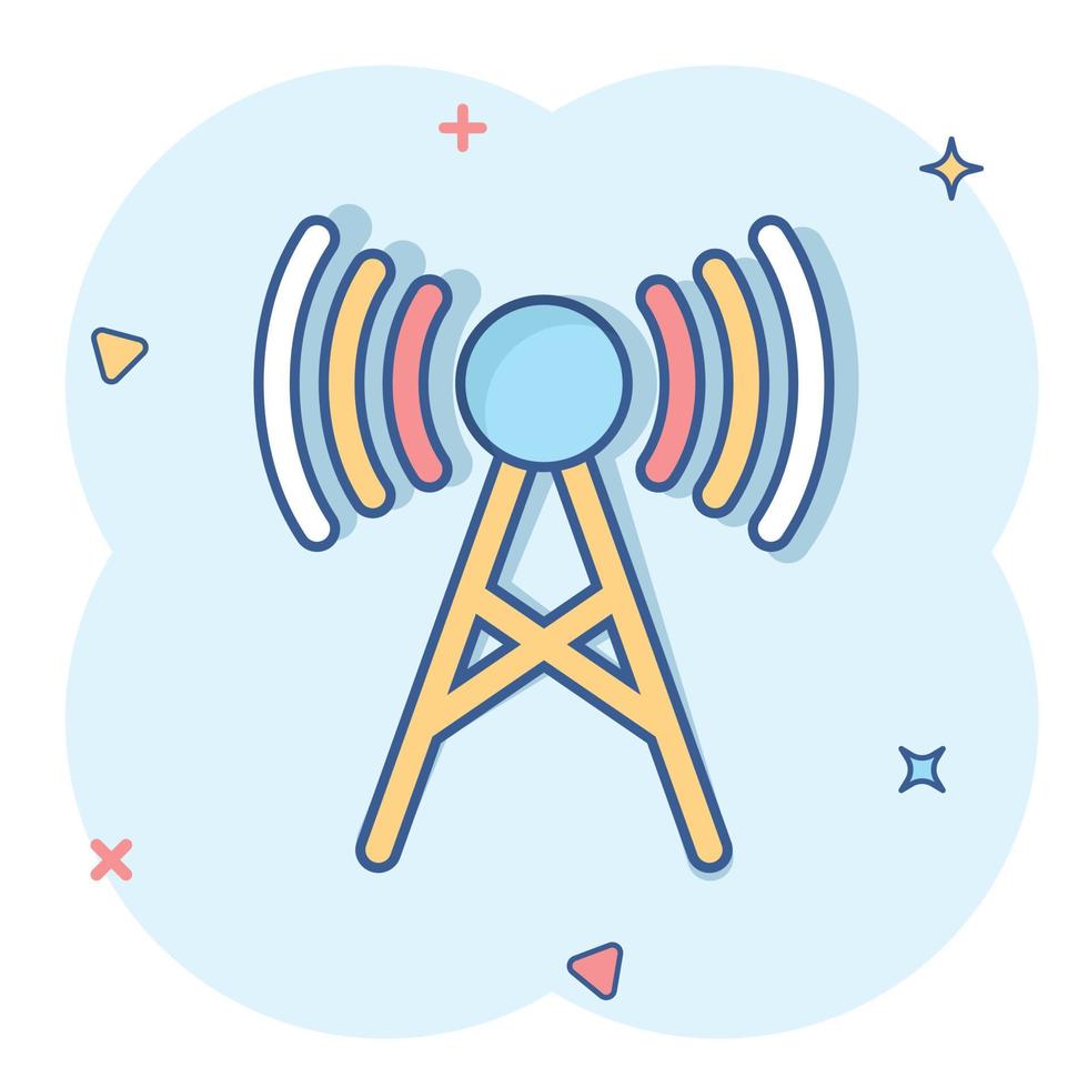 Antenna tower icon in comic style. Broadcasting cartoon vector illustration on white isolated background. Wifi splash effect business concept.