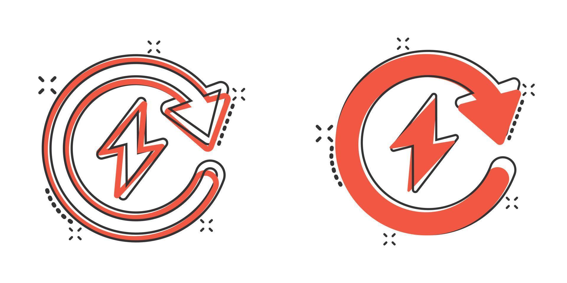 Energy recharge icon in comic style. Voltage and arrow cartoon vector illustration on white isolated background. Electric splash effect sign business concept.
